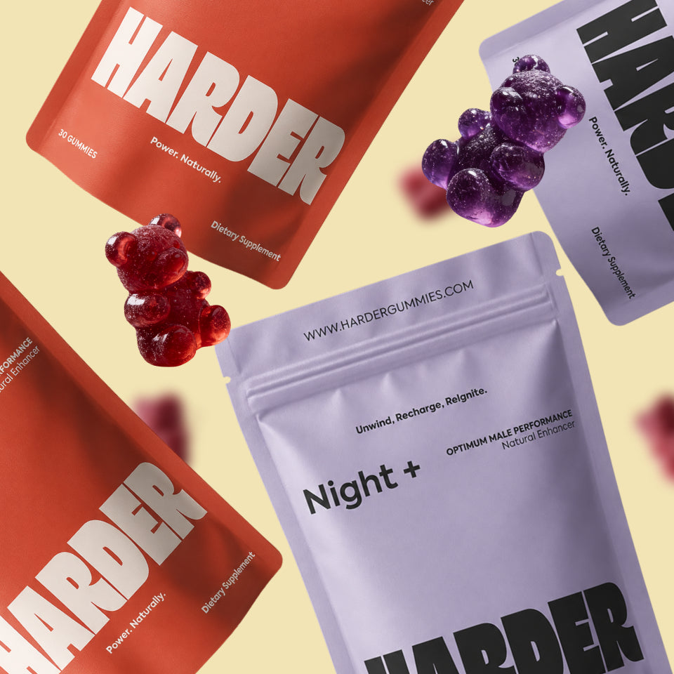 HARDER Day and Night pouches arranged on a cream background